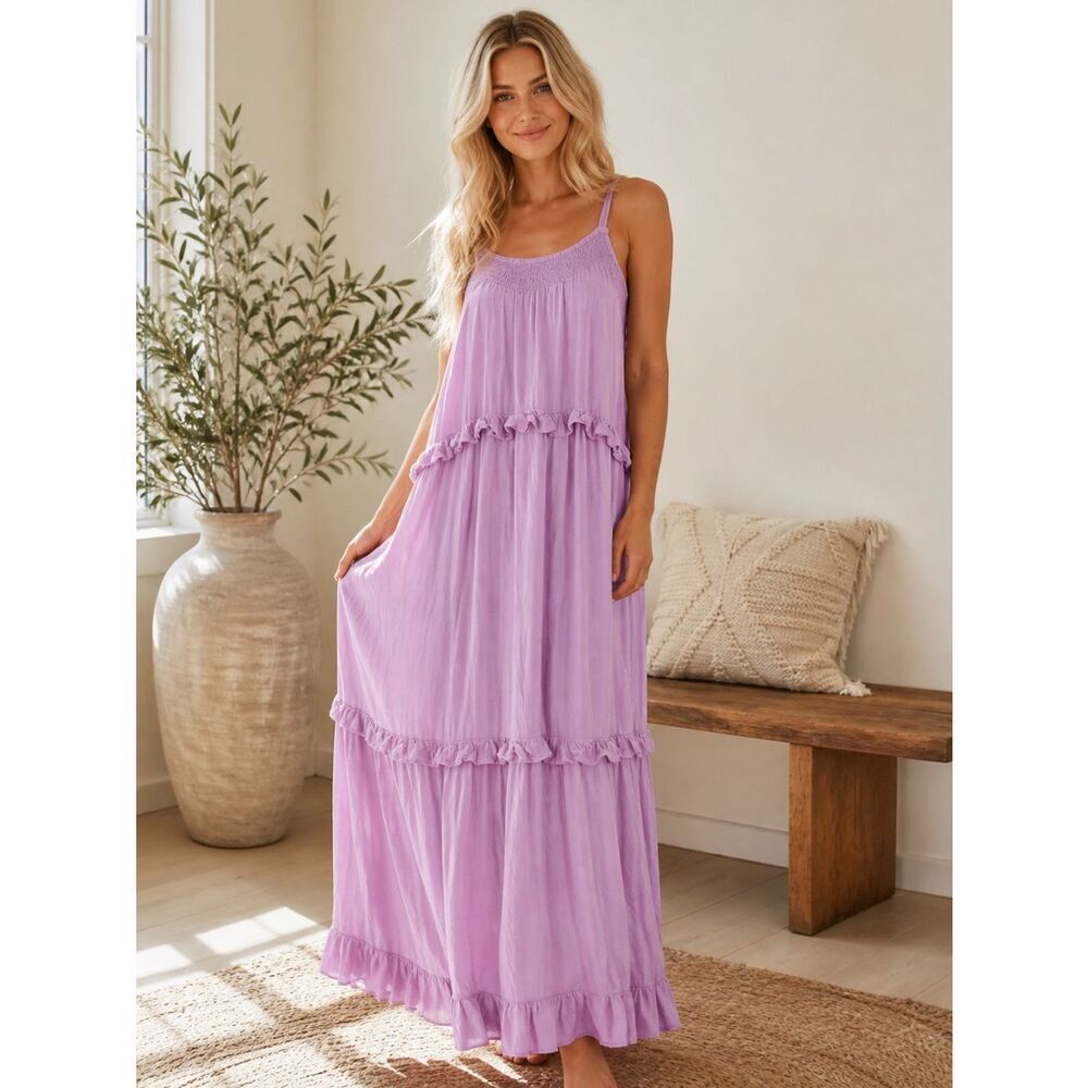 Boho Chic Lavender Tiered Ruffle Maxi Dress
